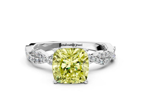 White gold Fancy Yellow Cushion Cut Solitaire Twisted Pave Band with Four-Prong Setting_15