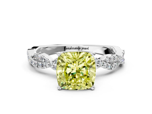 White gold Fancy Yellow Cushion Cut Solitaire Twisted Pave Band with Four-Prong Setting