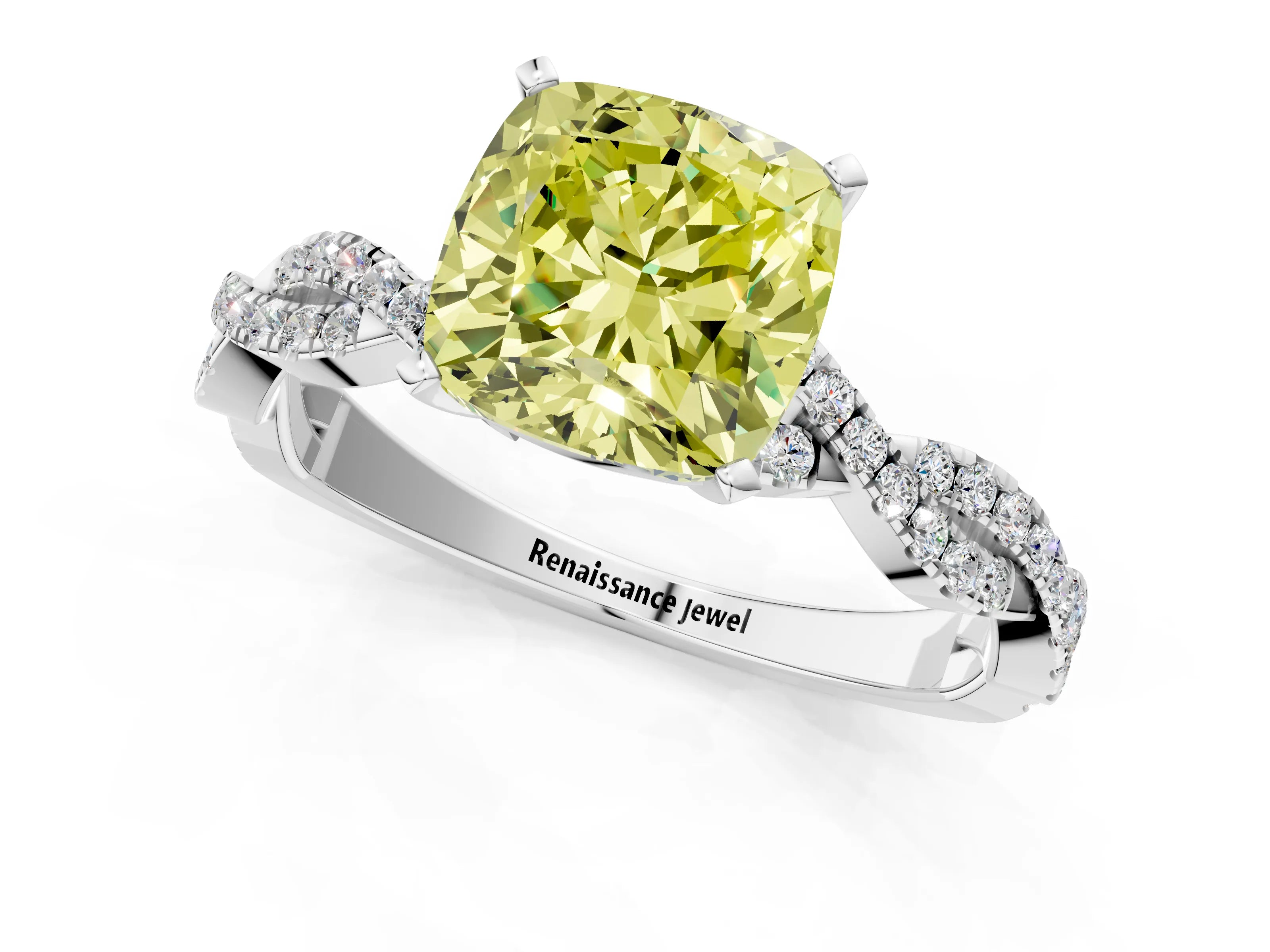 White gold Fancy Yellow Cushion Cut Solitaire Twisted Pave Band with Four-Prong Setting_16