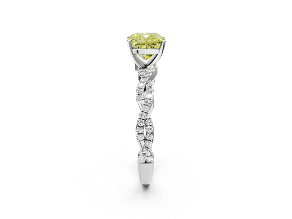 White gold Fancy Yellow Cushion Cut Solitaire Twisted Pave Band with Four-Prong Setting