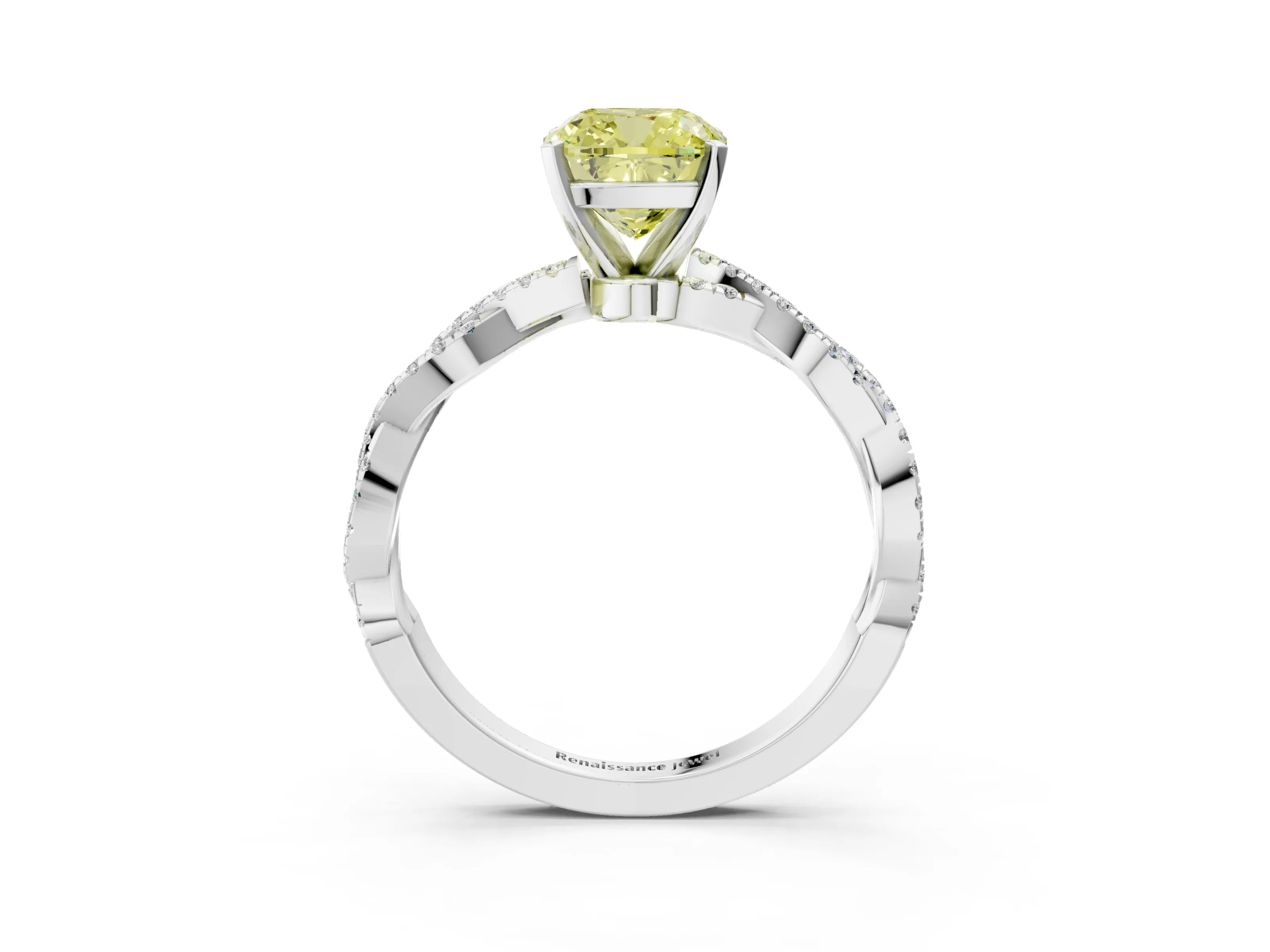 White gold Fancy Yellow Cushion Cut Solitaire Twisted Pave Band with Four-Prong Setting_18