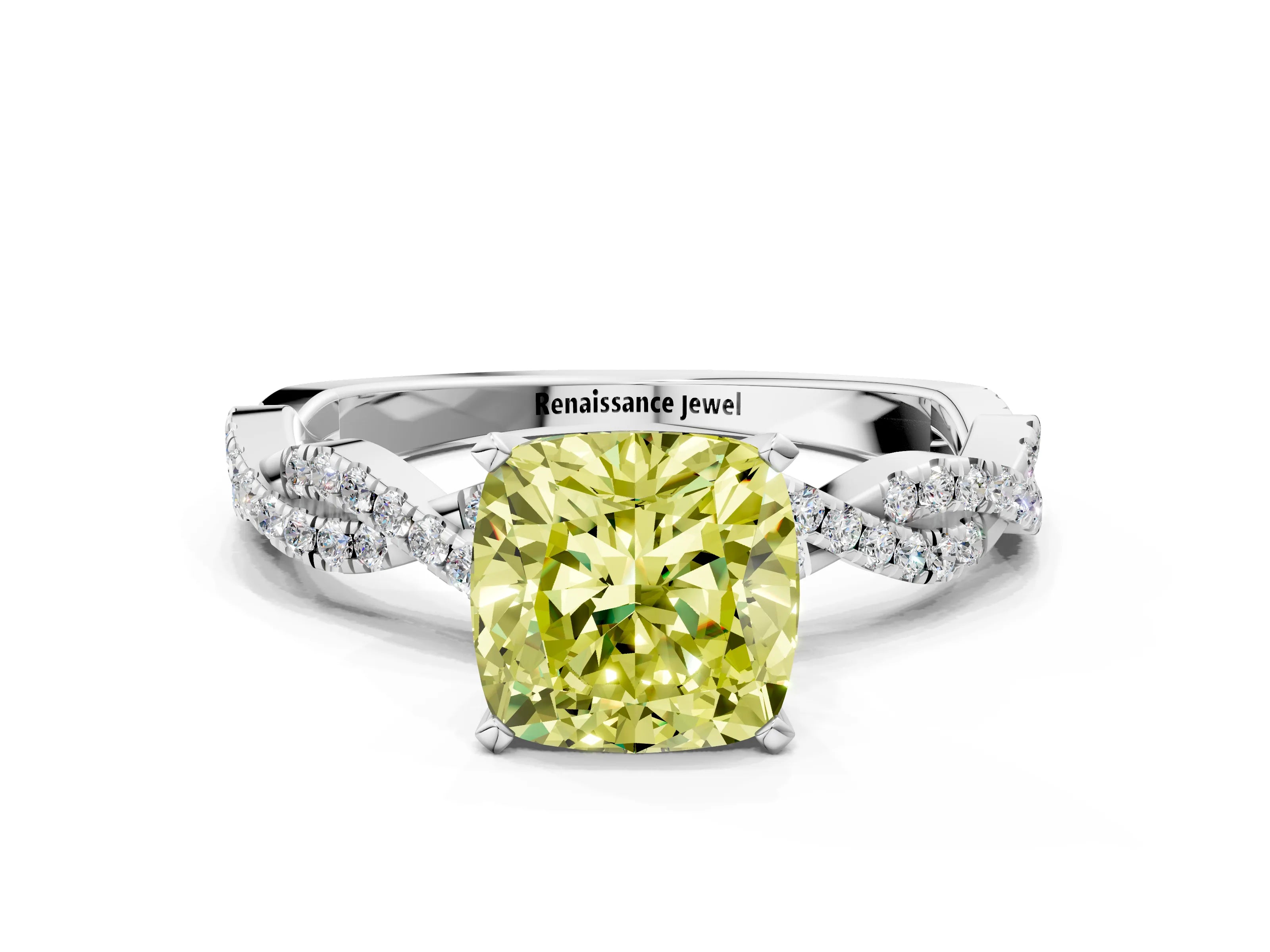 White gold Fancy Yellow Cushion Cut Solitaire Twisted Pave Band with Four-Prong Setting_3