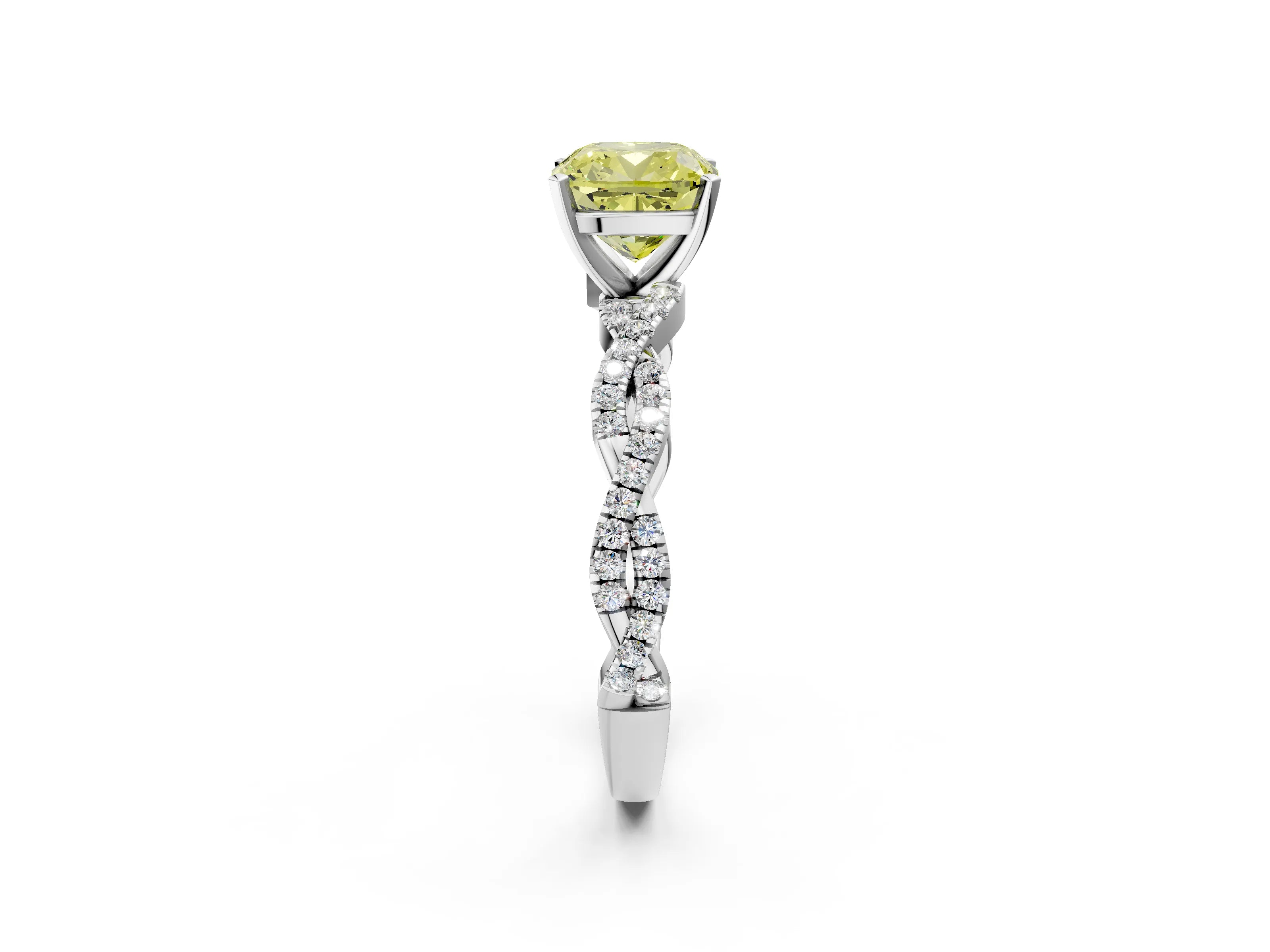 White gold Fancy Yellow Cushion Cut Solitaire Twisted Pave Band with Four-Prong Setting_5