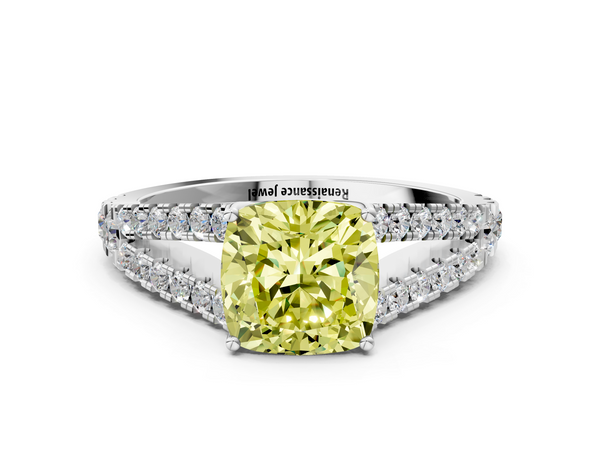 Platinum Fancy Yellow Cushion  Cut Split Shank Pave Diamond Engagement Ring with Four-Prong Setting