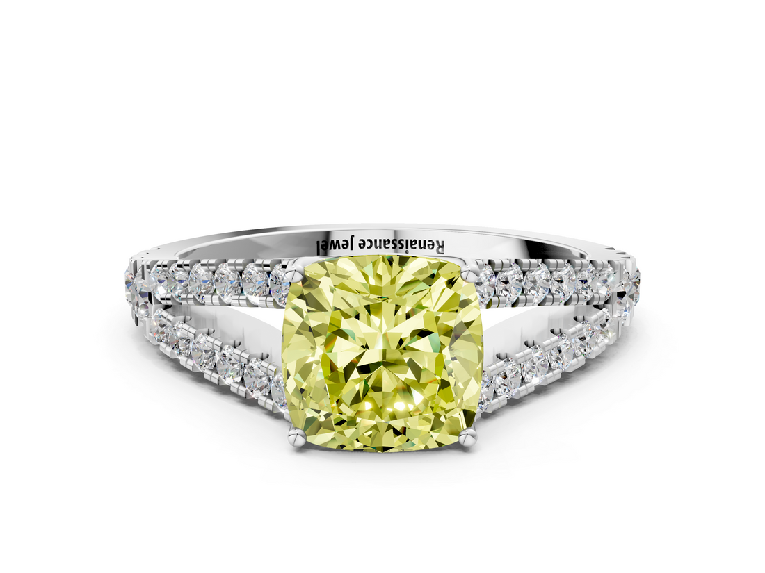 White gold Fancy Yellow Cushion  Cut Split Shank Pave Diamond Engagement Ring with Four-Prong Setting_24