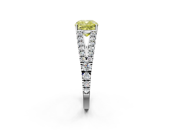 Platinum Fancy Yellow Cushion  Cut Split Shank Pave Diamond Engagement Ring with Four-Prong Setting