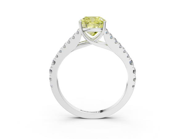 Platinum Fancy Yellow Cushion  Cut Split Shank Pave Diamond Engagement Ring with Four-Prong Setting