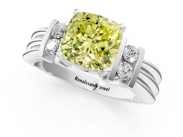White gold Fancy Yellow Cushion  Cut Three-Stone Channel Set Ring with Bar Prongs