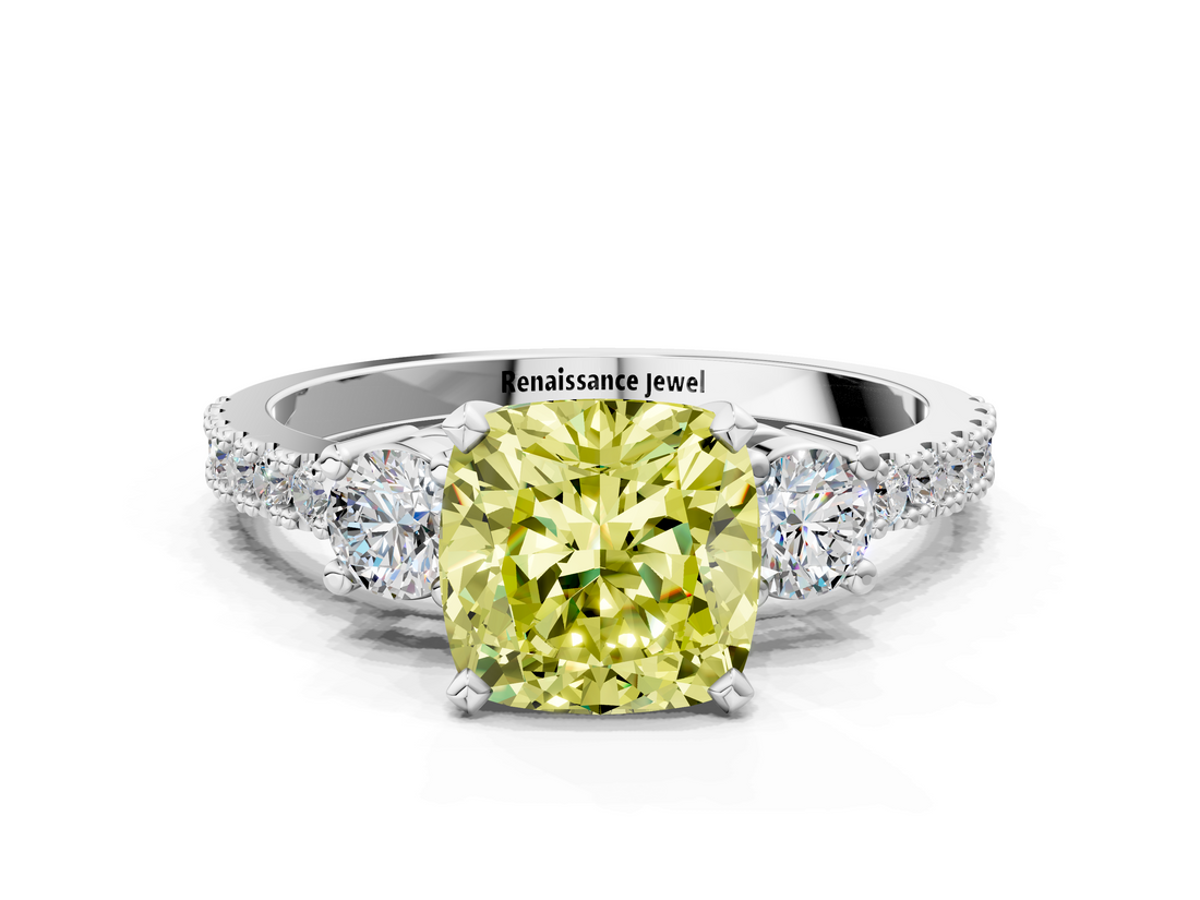 White gold Fancy Yellow Cushion  Cut Three-Stone Diamond Pavé Band with Prong Setting_17