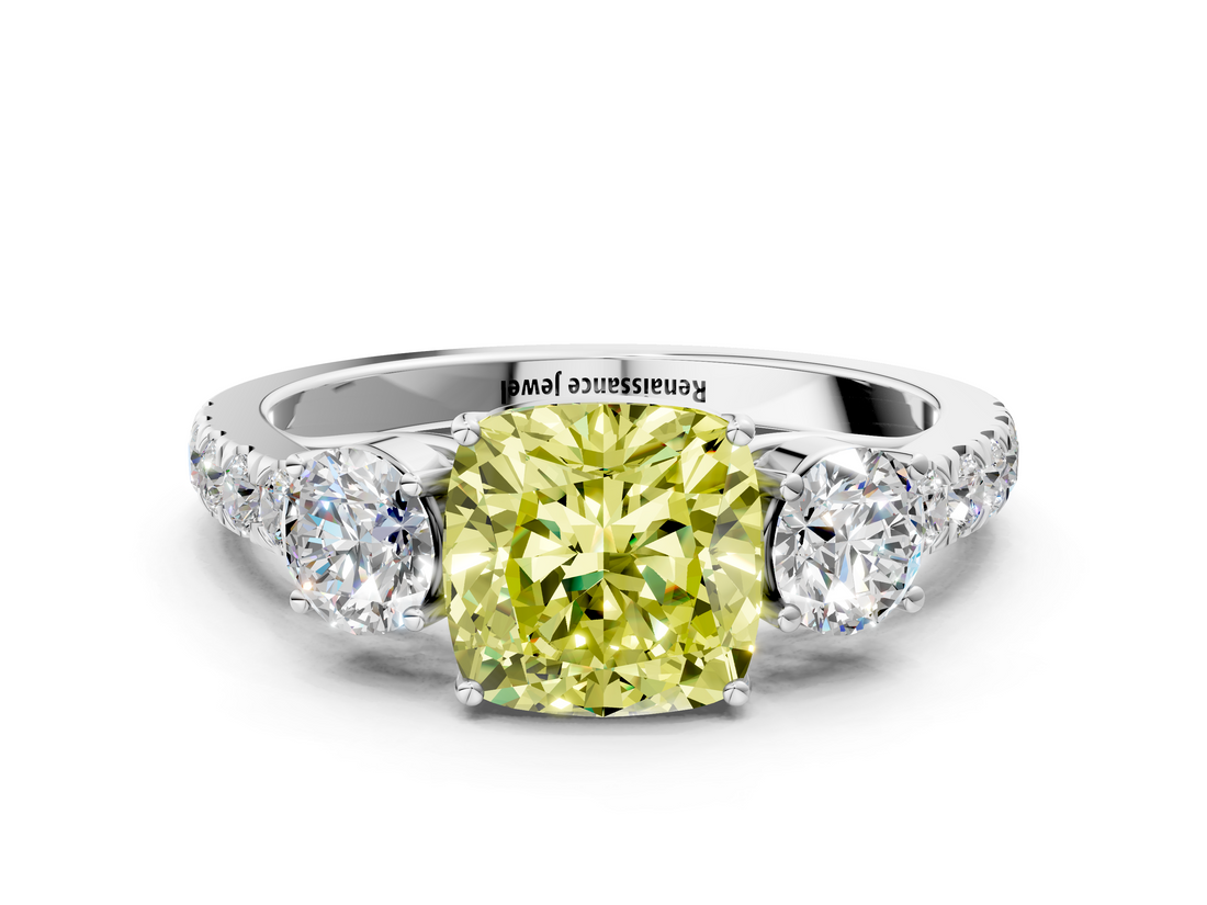 White gold Fancy Yellow Cushion  Cut Three-Stone Diamond Pave Band with Prong Setting_33