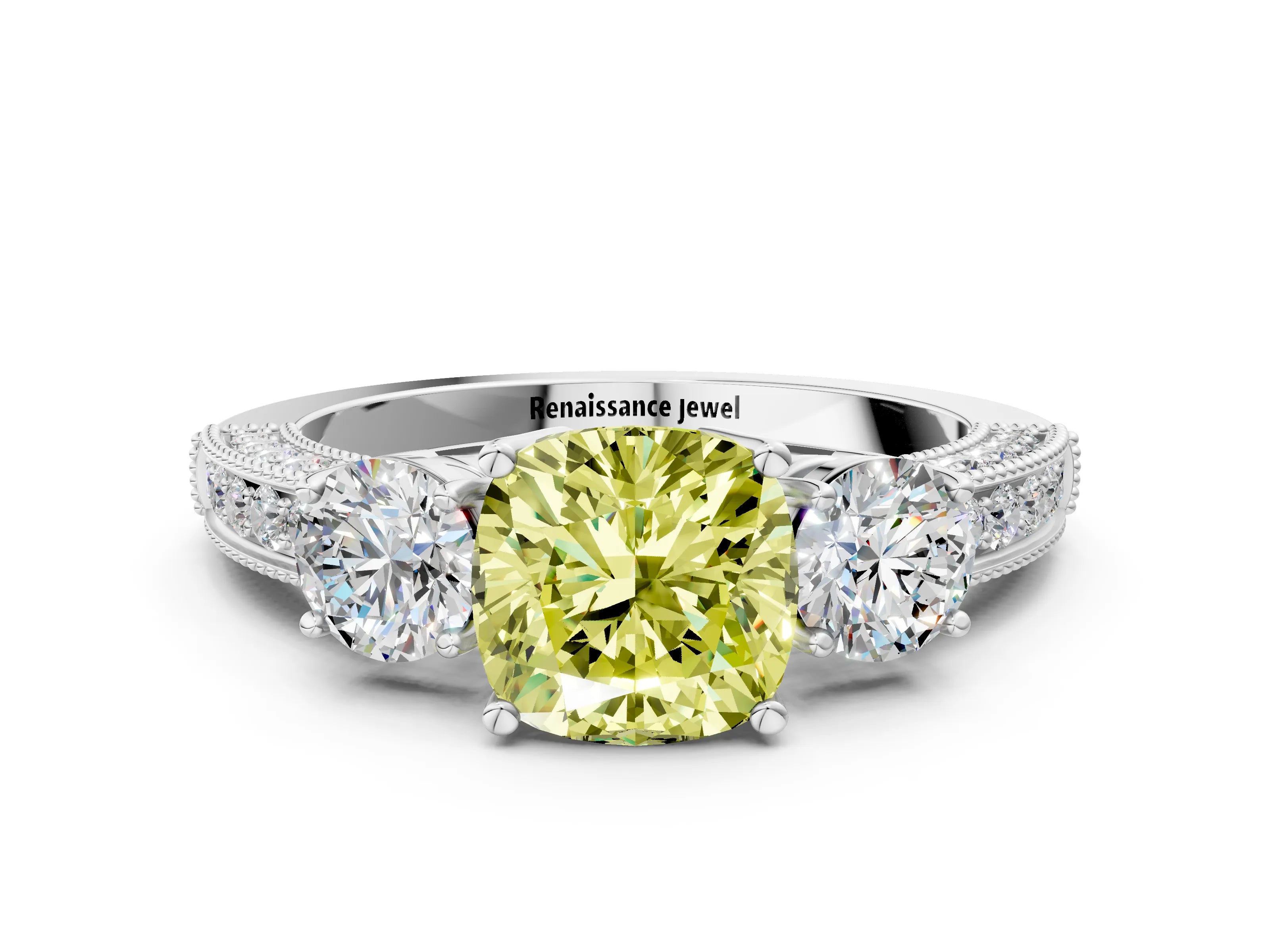 White gold Fancy Yellow Cushion Cut Three-Stone Diamond Ring with Pavé Band and Four-Prong Setting_12