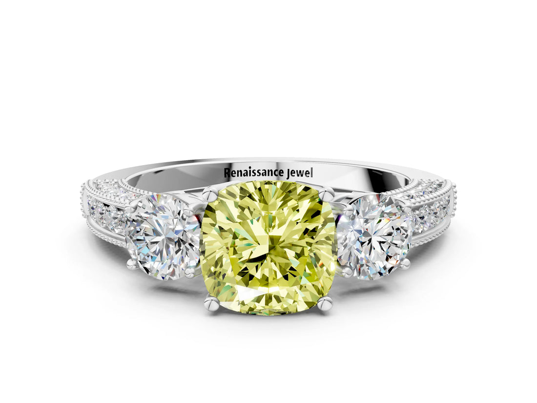 White gold Fancy Yellow Cushion Cut Three-Stone Diamond Ring with Pavé Band and Four-Prong Setting_12
