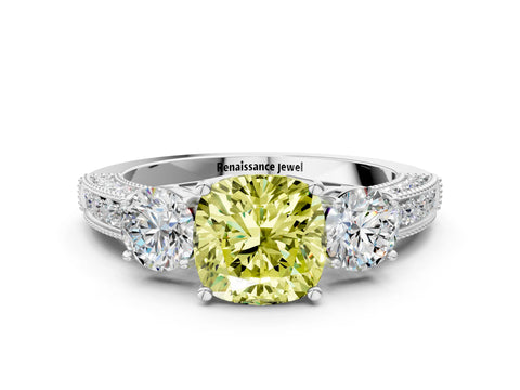 White gold Fancy Yellow Cushion Cut Three-Stone Diamond Ring with Pavé Band and Four-Prong Setting_12