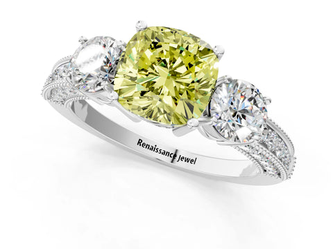 White gold Fancy Yellow Cushion Cut Three-Stone Diamond Ring with Pavé Band and Four-Prong Setting_13