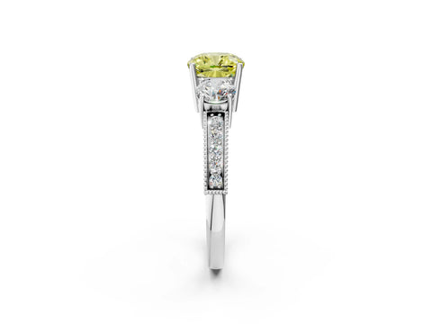 White gold Fancy Yellow Cushion Cut Three-Stone Diamond Ring with Pavé Band and Four-Prong Setting_14