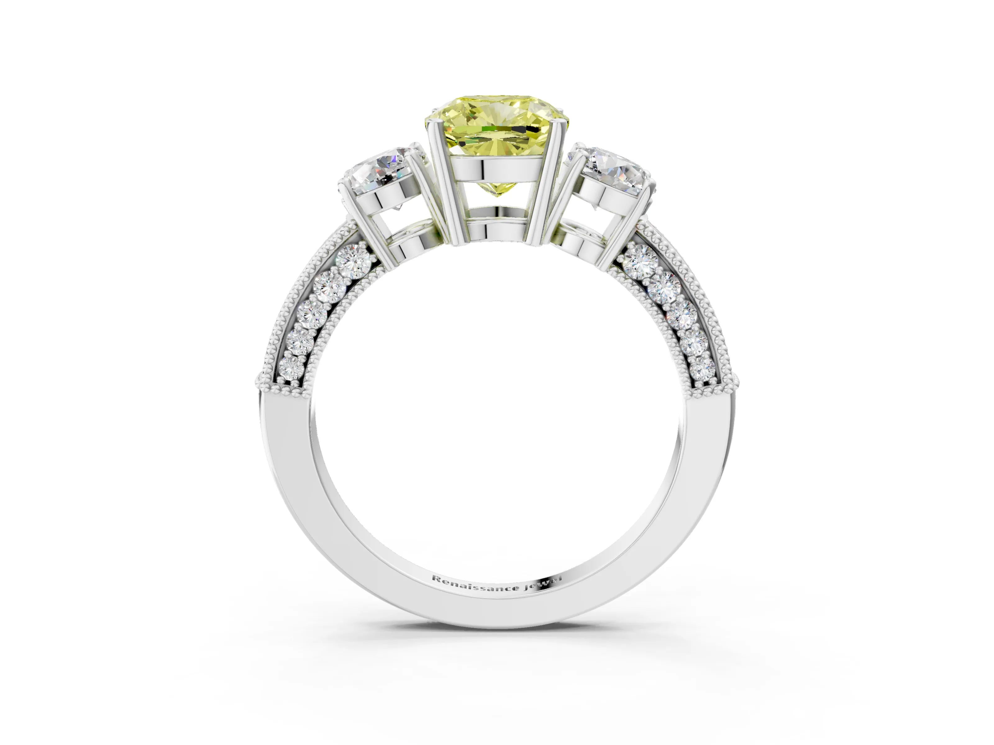 White gold Fancy Yellow Cushion Cut Three-Stone Diamond Ring with Pavé Band and Four-Prong Setting_15