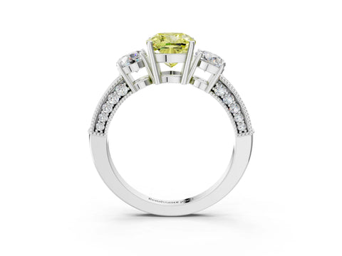 White gold Fancy Yellow Cushion Cut Three-Stone Diamond Ring with Pavé Band and Four-Prong Setting_15