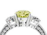 White gold Fancy Yellow Cushion Cut Three-Stone Diamond Ring with Pavé Band and Four-Prong Setting_16