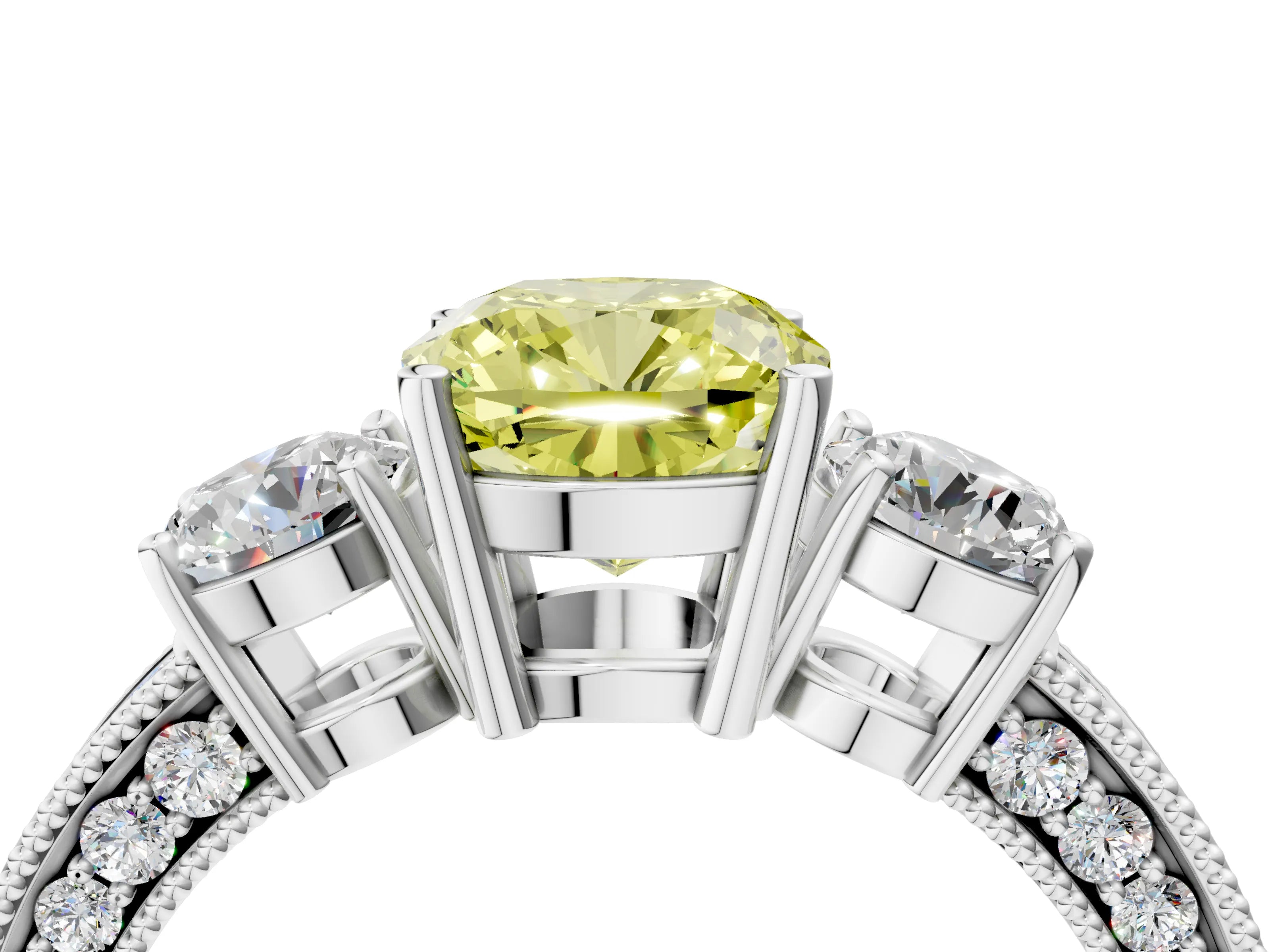 White gold Fancy Yellow Cushion Cut Three-Stone Diamond Ring with Pavé Band and Four-Prong Setting_16