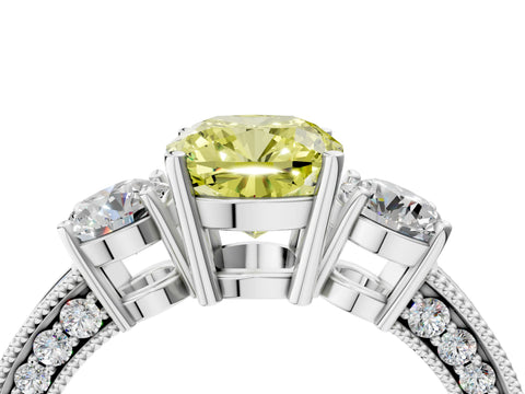 White gold Fancy Yellow Cushion Cut Three-Stone Diamond Ring with Pavé Band and Four-Prong Setting_16
