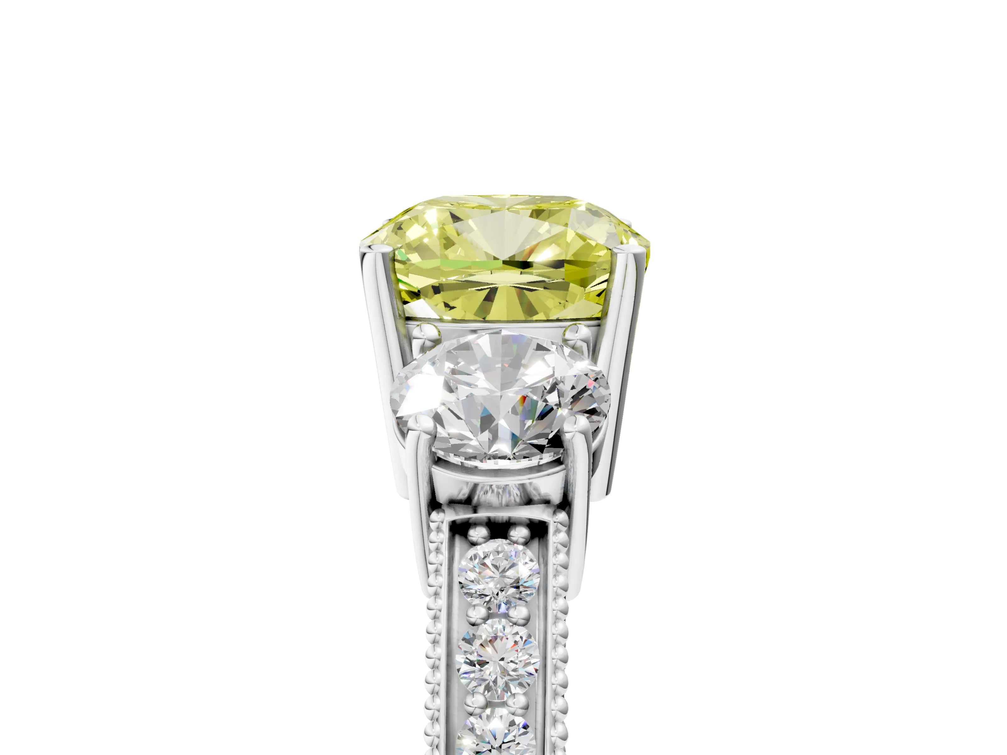 White gold Fancy Yellow Cushion Cut Three-Stone Diamond Ring with Pavé Band and Four-Prong Setting_17