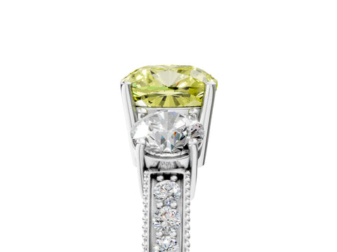 White gold Fancy Yellow Cushion Cut Three-Stone Diamond Ring with Pavé Band and Four-Prong Setting_17