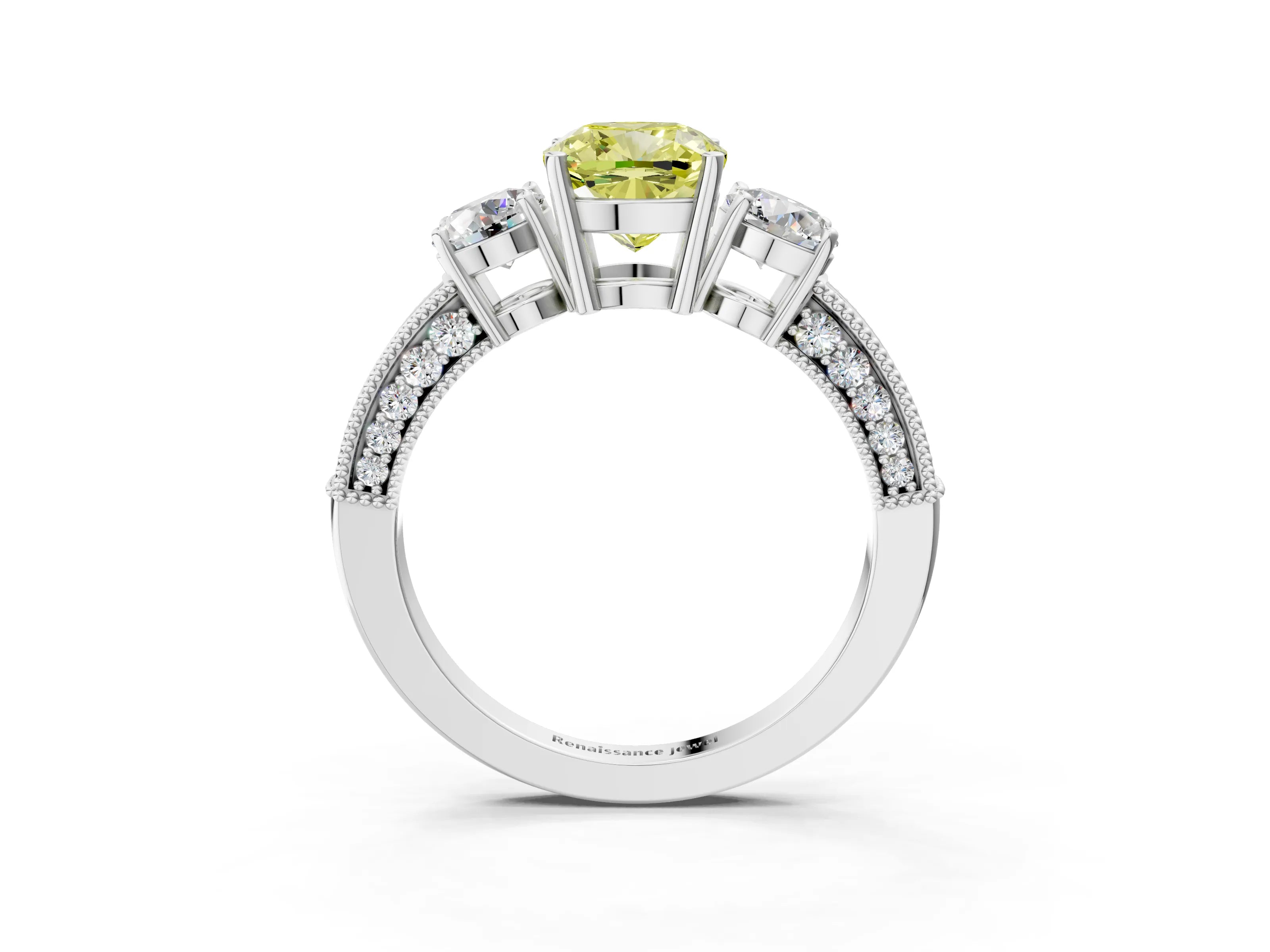 White gold Fancy Yellow Cushion Cut Three-Stone Diamond Ring with Pavé Band and Four-Prong Setting_3