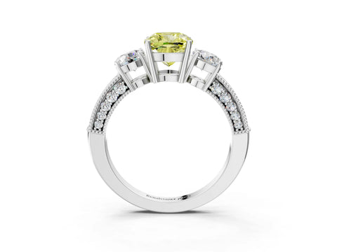 White gold Fancy Yellow Cushion Cut Three-Stone Diamond Ring with Pavé Band and Four-Prong Setting_3