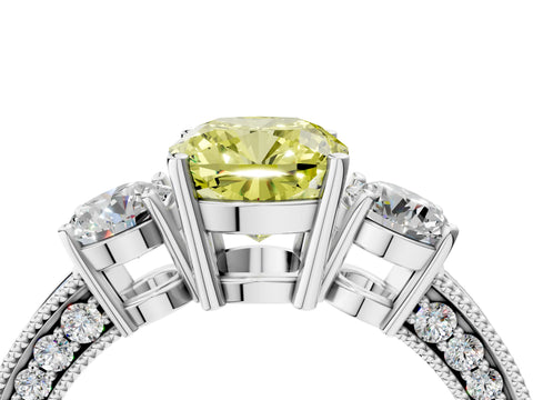 White gold Fancy Yellow Cushion Cut Three-Stone Diamond Ring with Pavé Band and Four-Prong Setting_4