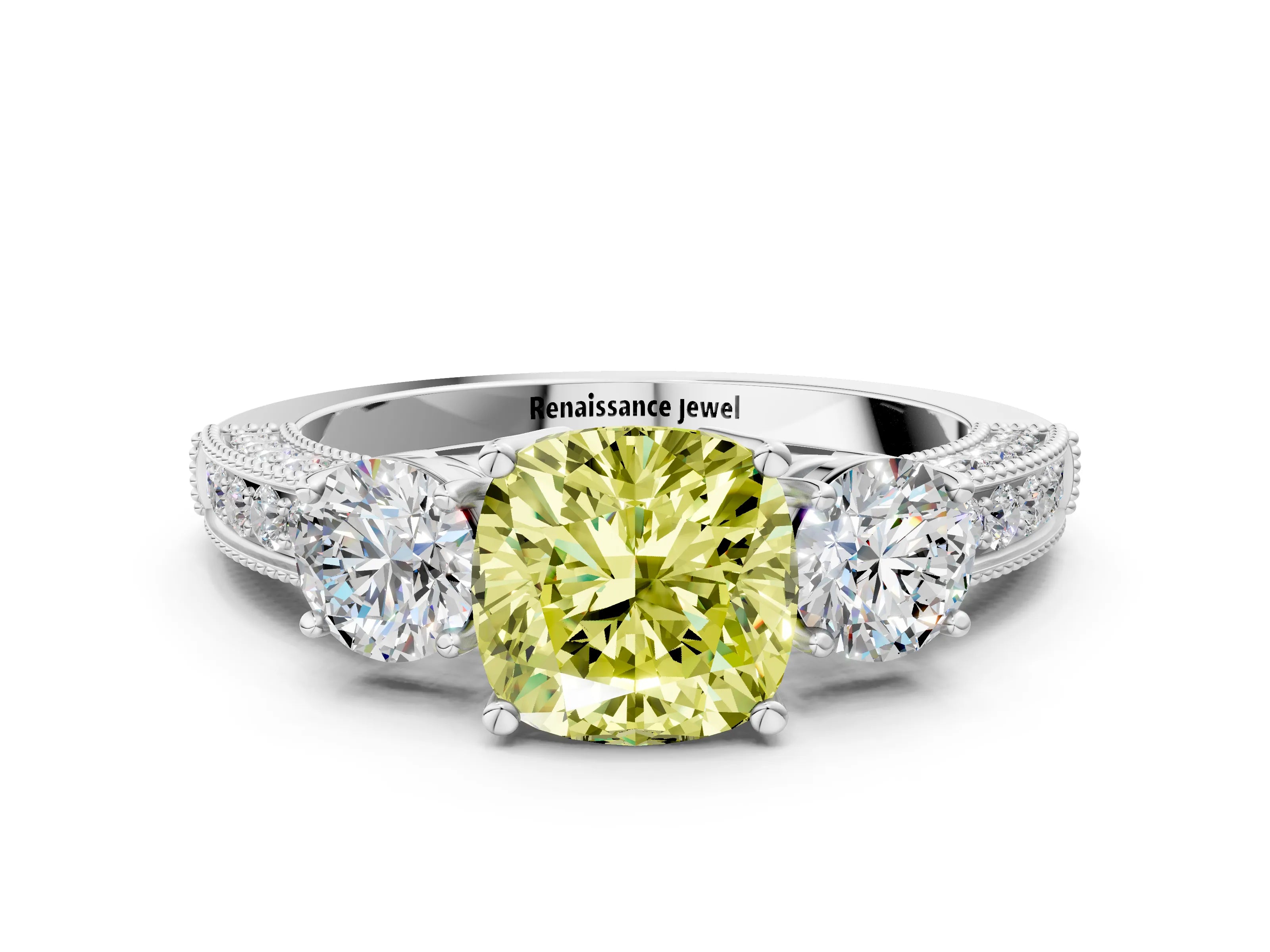 White gold Fancy Yellow Cushion Cut Three-Stone Diamond Ring with Pavé Band and Four-Prong Setting