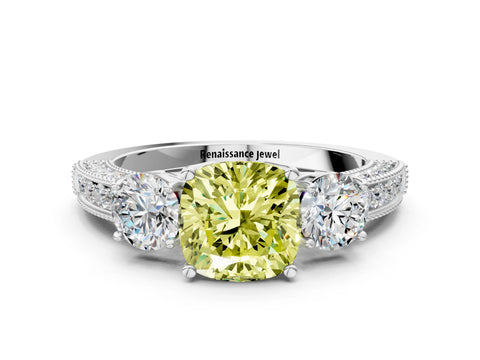 White gold Fancy Yellow Cushion Cut Three-Stone Diamond Ring with Pavé Band and Four-Prong Setting