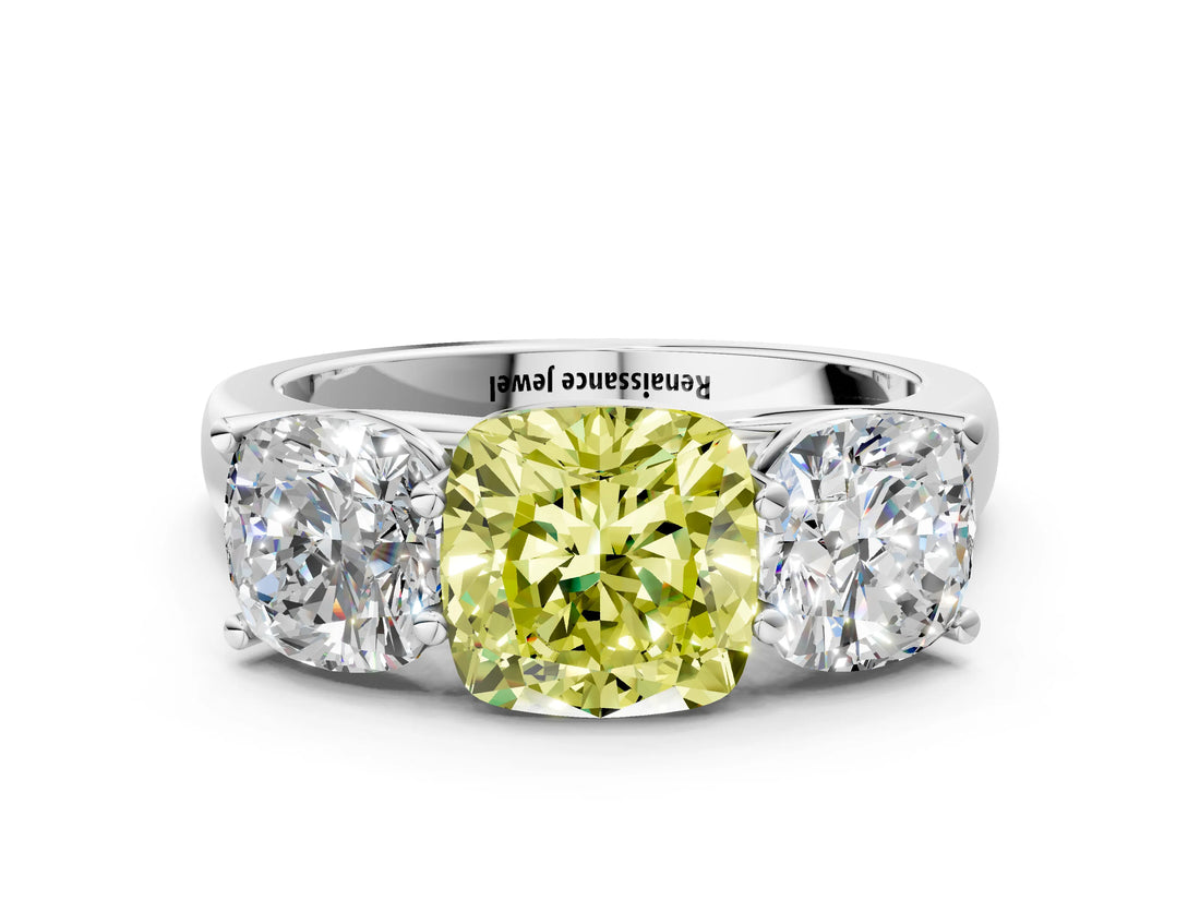 White gold Fancy Yellow Cushion Cut Three-Stone Diamond Ring with Prong Setting on a Classic Band_12