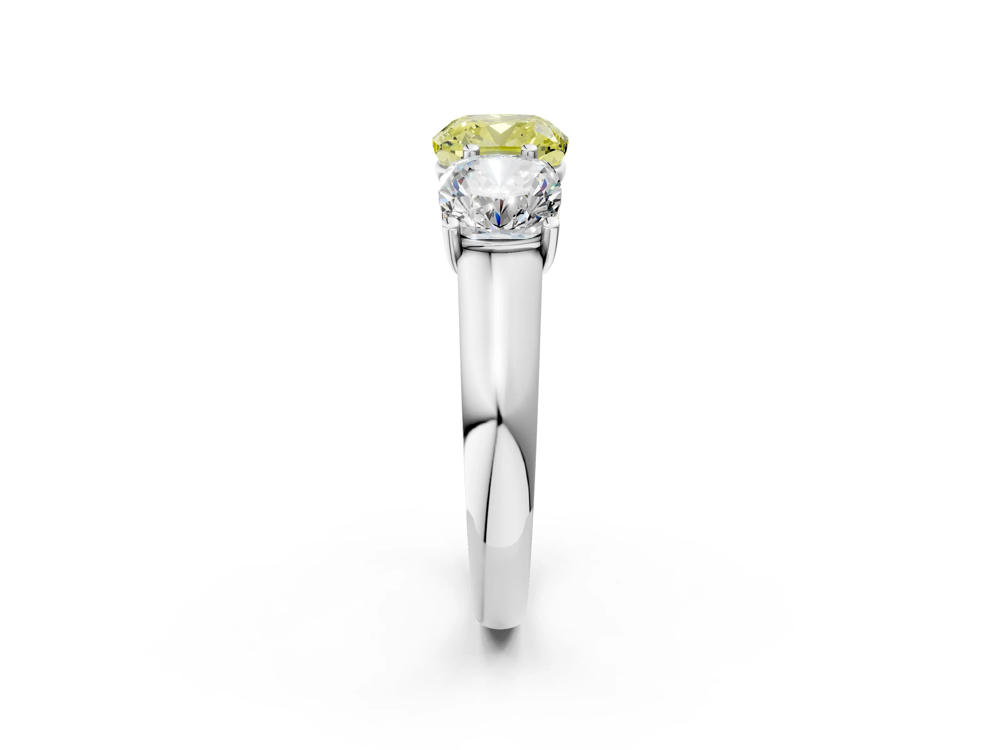 White gold Fancy Yellow Cushion Cut Three-Stone Diamond Ring with Prong Setting on a Classic Band_2