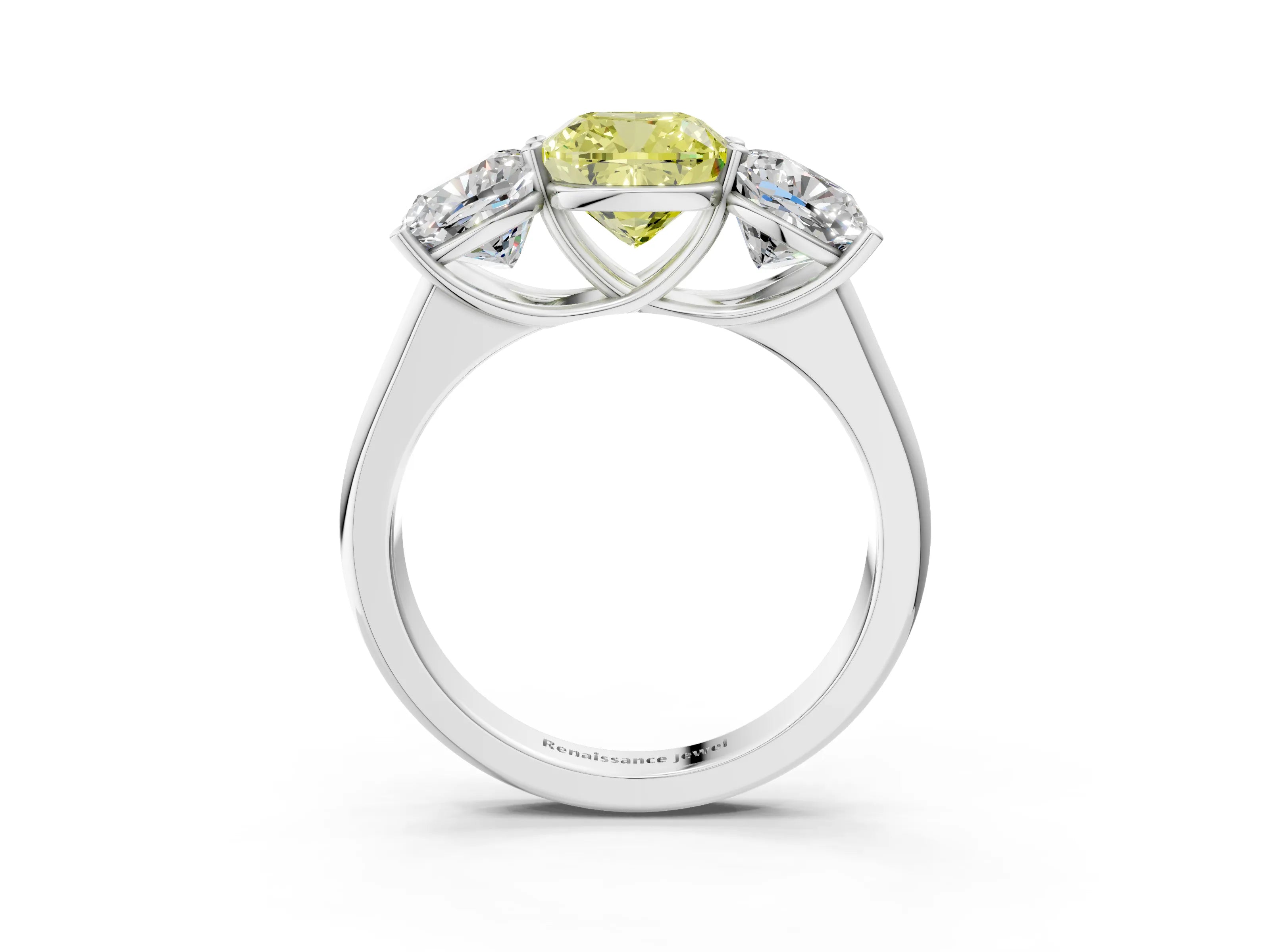 White gold Fancy Yellow Cushion Cut Three-Stone Diamond Ring with Prong Setting on a Classic Band_3