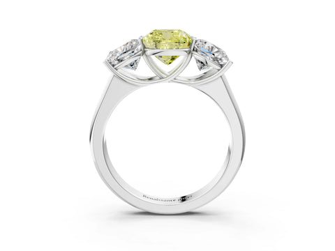 White gold Fancy Yellow Cushion Cut Three-Stone Diamond Ring with Prong Setting on a Classic Band_3