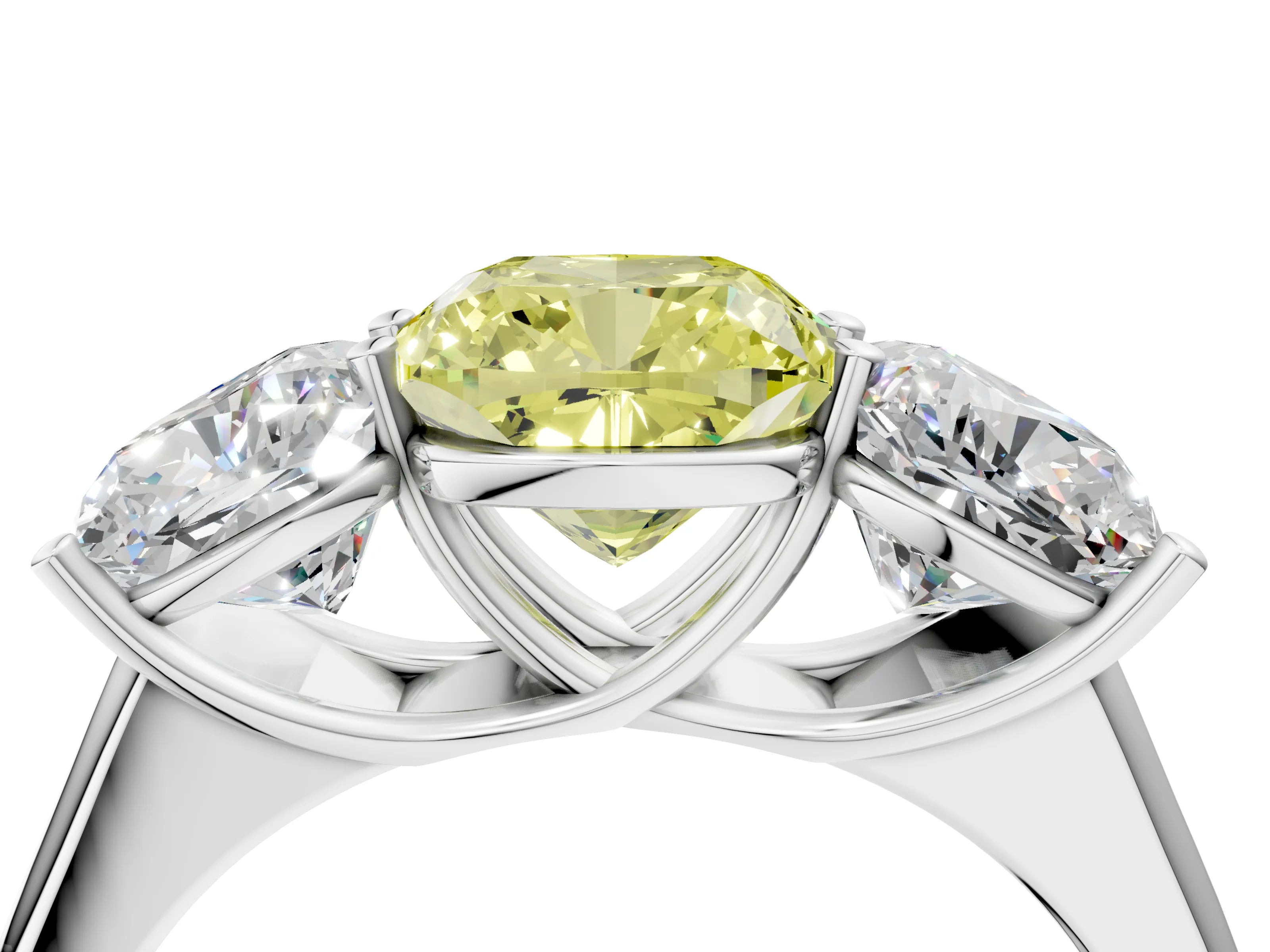 White gold Fancy Yellow Cushion Cut Three-Stone Diamond Ring with Prong Setting on a Classic Band_4