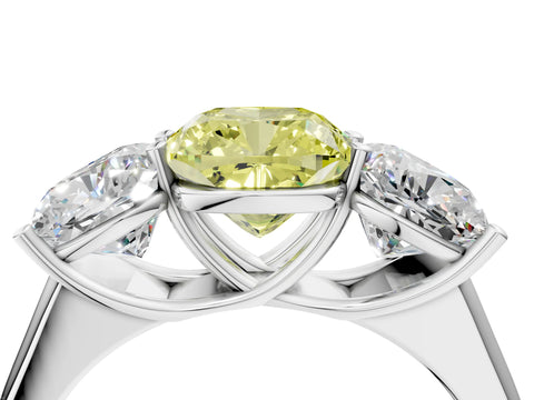 White gold Fancy Yellow Cushion Cut Three-Stone Diamond Ring with Prong Setting on a Classic Band_4