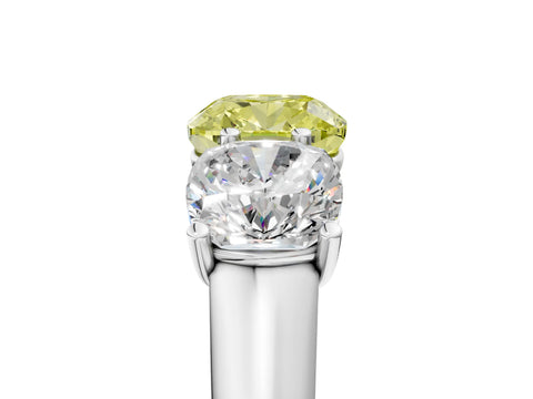 White gold Fancy Yellow Cushion Cut Three-Stone Diamond Ring with Prong Setting on a Classic Band_5