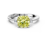 White gold Fancy Yellow Cushion  Cut Three-Stone Solitaire Ring with Round Accent Diamonds and Four-Prong Setting_20