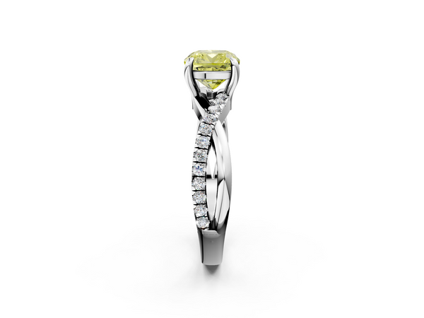 Platinum Fancy Yellow Cushion  Cut Twist Band Solitaire Diamond Ring with Pavé Setting
