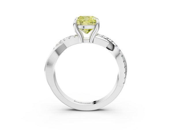 Platinum Fancy Yellow Cushion  Cut Twist Band Solitaire Diamond Ring with Pavé Setting