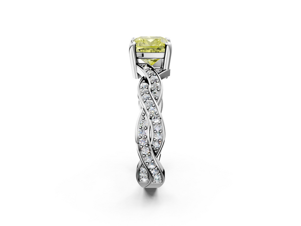 White gold Fancy Yellow Cushion  Cut Twisted Pavé Band Solitaire Ring with Four-Prong Setting