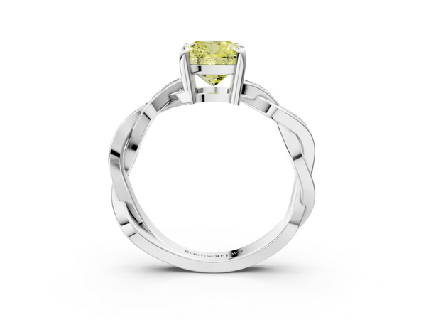 White gold Fancy Yellow Cushion  Cut Twisted Pavé Band Solitaire Ring with Four-Prong Setting
