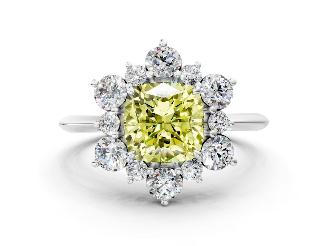 White gold Fancy Yellow Cushion  Diamond Cluster Halo Ring with Solitaire Band and Four-Prong Setting_20