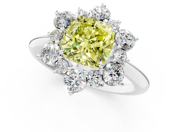 White gold Fancy Yellow Cushion  Diamond Cluster Halo Ring with Solitaire Band and Four-Prong Setting