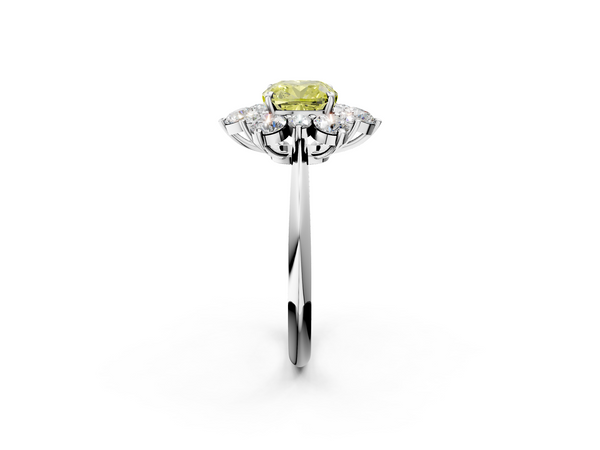White gold Fancy Yellow Cushion  Diamond Cluster Halo Ring with Solitaire Band and Four-Prong Setting