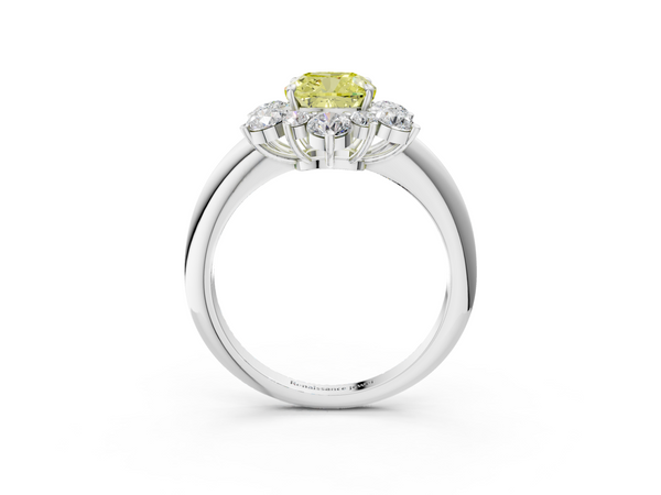 White gold Fancy Yellow Cushion  Diamond Cluster Halo Ring with Solitaire Band and Four-Prong Setting