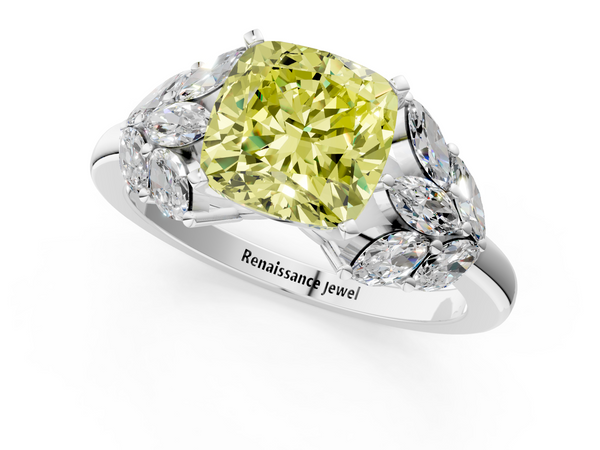 Platinum Fancy Yellow Cushion  Diamond Cluster Leaf Design Ring with Prong Setting