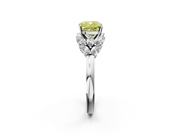 Platinum Fancy Yellow Cushion  Diamond Cluster Leaf Design Ring with Prong Setting