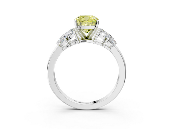 Platinum Fancy Yellow Cushion  Diamond Cluster Leaf Design Ring with Prong Setting